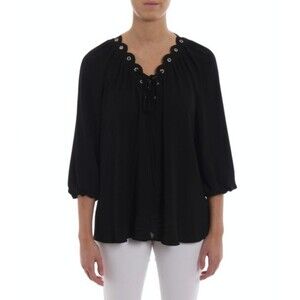 Michael Kors Womens Black Scalloped Collar with Eyelets & Ties Flowy Blouse Sz S